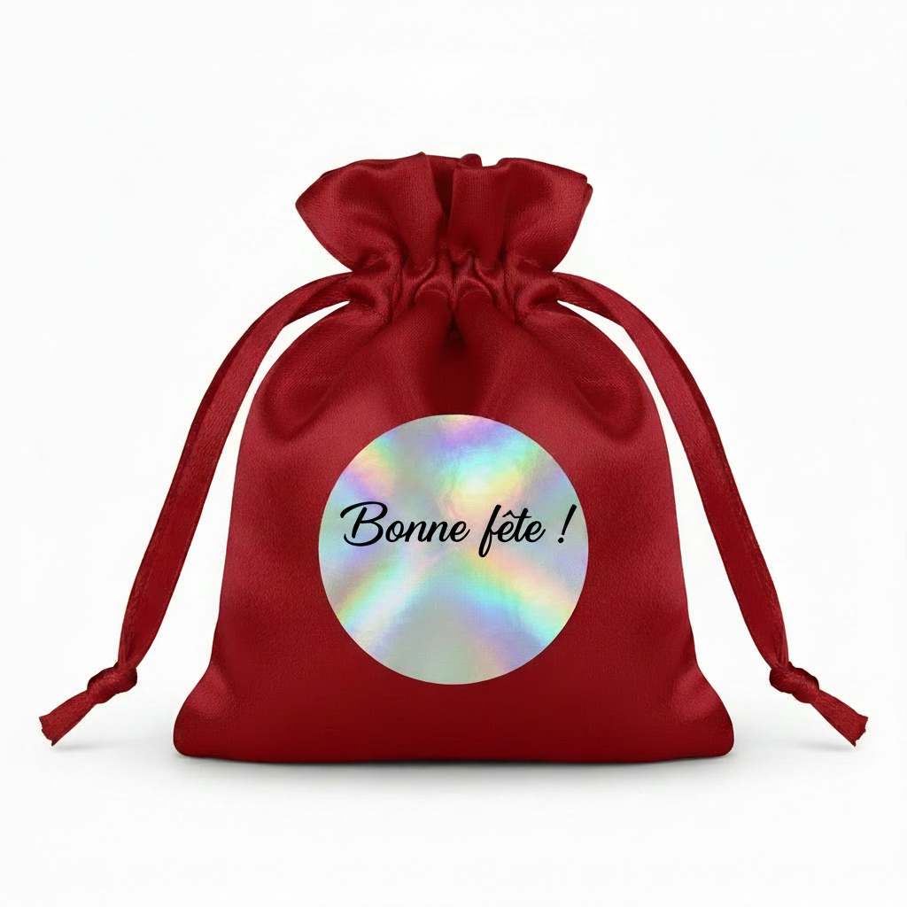 Mini Pochette Satin Rouge – "Juste pour te faire sourire" | Autocollant Argenté Holographique | Maison Majjä
