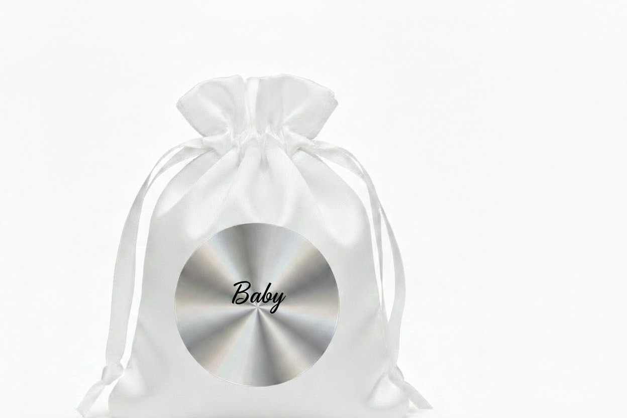Mini Pochette Satin Blanche – "Baby" | Autocollant Argenté Holographique | Maison Majjä