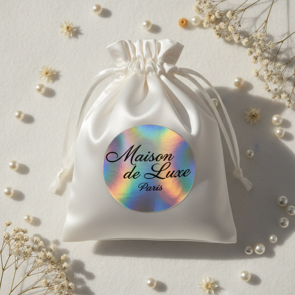 Pochette satin blanc sticker argenté holographique flat lay lifestyle