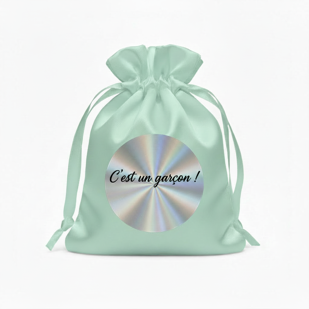 Mini Pochette Satin Vert Menthe – "C'est un garçon !" | Autocollant Argenté Holographique | Maison Majjä