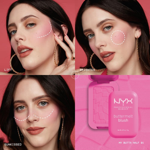NYX Buttermelt Blush application guide showing lift brighten and sunkissed techniques on cheekbones