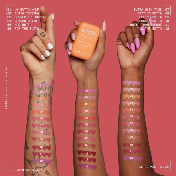 NYX Buttermelt Blush full shade range 01 to 12 swatches on three different skin tones