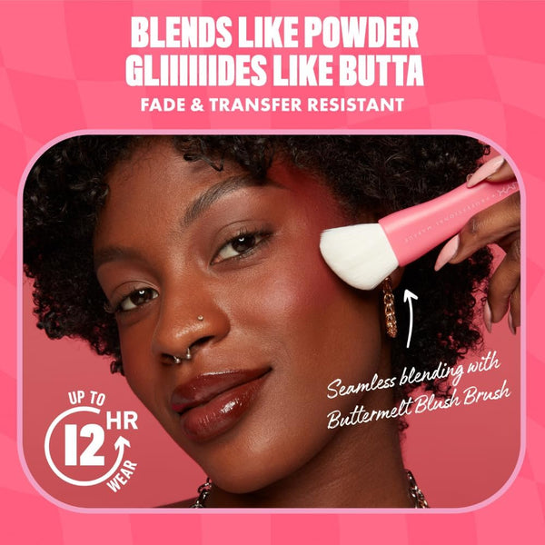 Dark skin model applying NYX Buttermelt Blush for seamless 12-hour wear