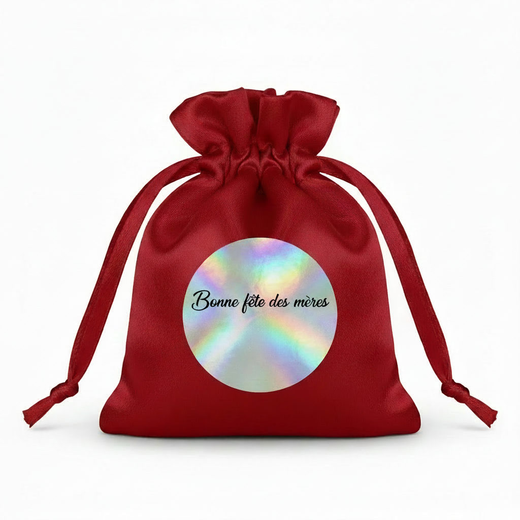 Mini Pochette Satin Rouge – "Bonne fête des mères" | Autocollant Argenté Holographique | Maison Majjä