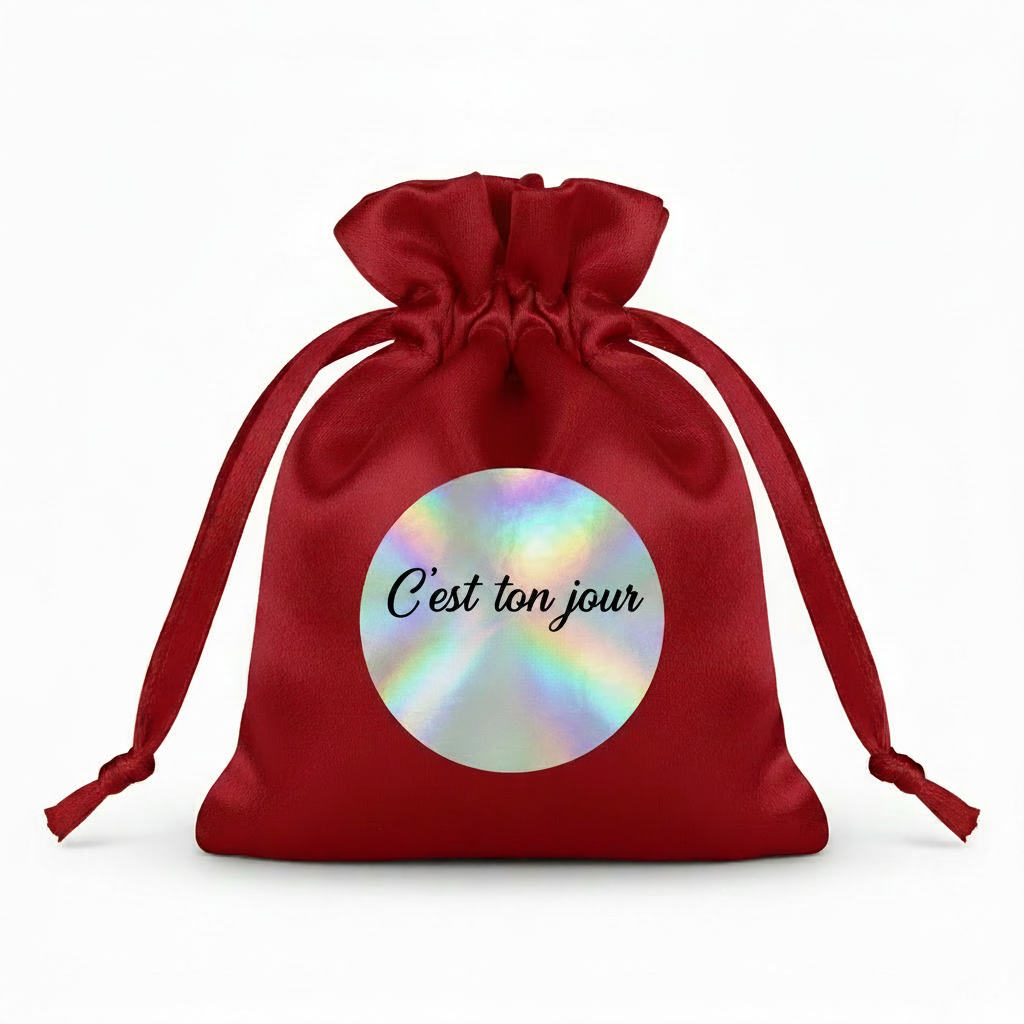 Mini Pochette Satin Rouge – "C'est ton jour" | Autocollant Argenté Holographique | Maison Majjä