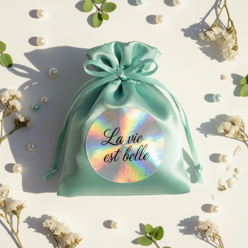Mini pochette satin vert menthe avec sticker argenté holographique personnalisé – Maison Majjaa