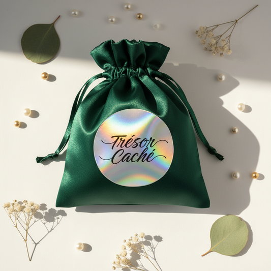 Mini pochette satin vert émeraude avec sticker argenté holographique personnalisé – Maison Majjaa