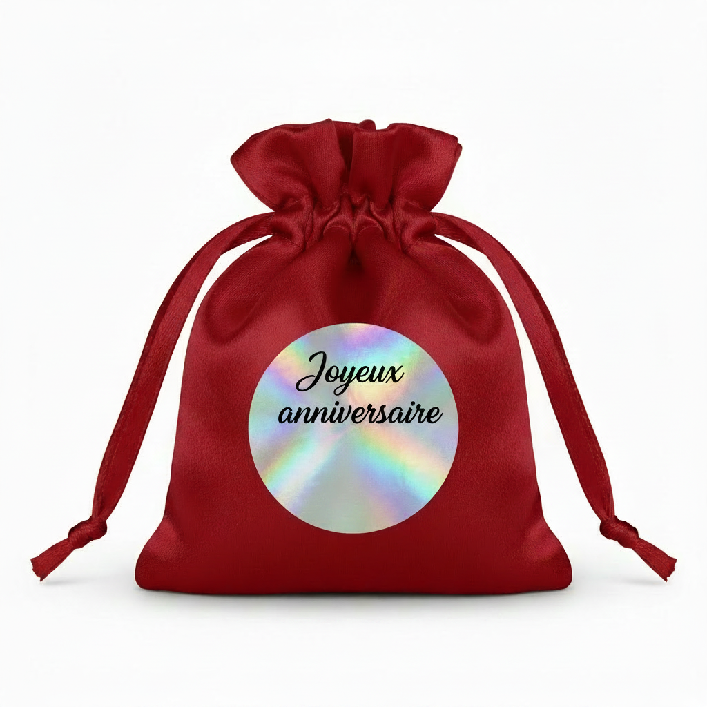 Mini Pochette Satin Rouge – "Joyeux anniversaire" | Autocollant Argenté Holographique | Maison Majjä