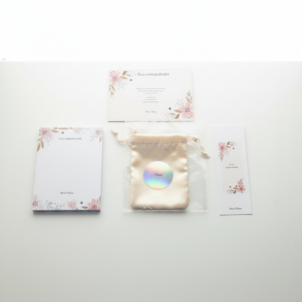 Flat lay mini kit papeterie complet floral – pochette beige bloc-note marque-page – cadeau femme Maison Majjaa