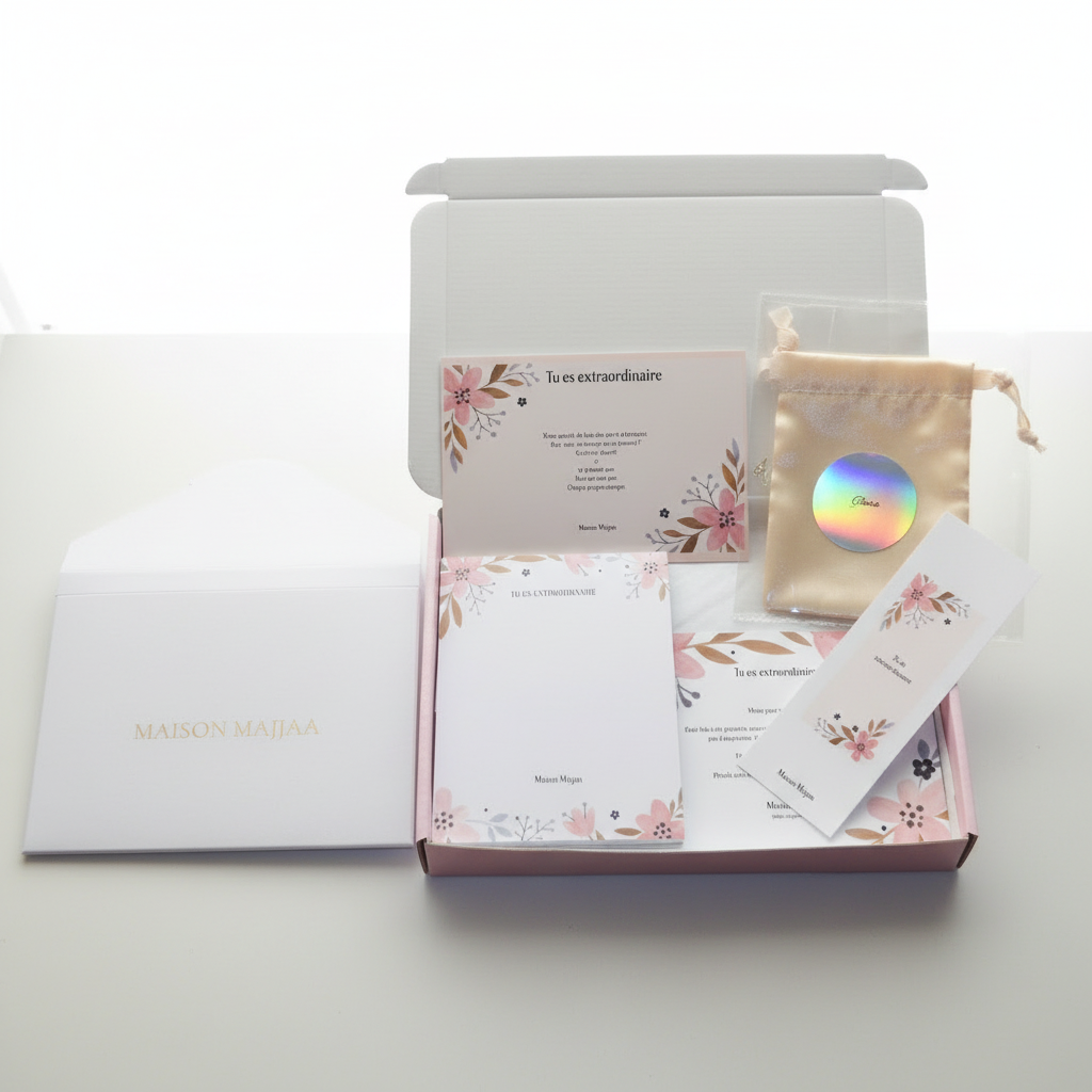 Pochette beige satin sticker argenté prénom personnalisé – cadeau personnalisé femme Maison Majjaa
