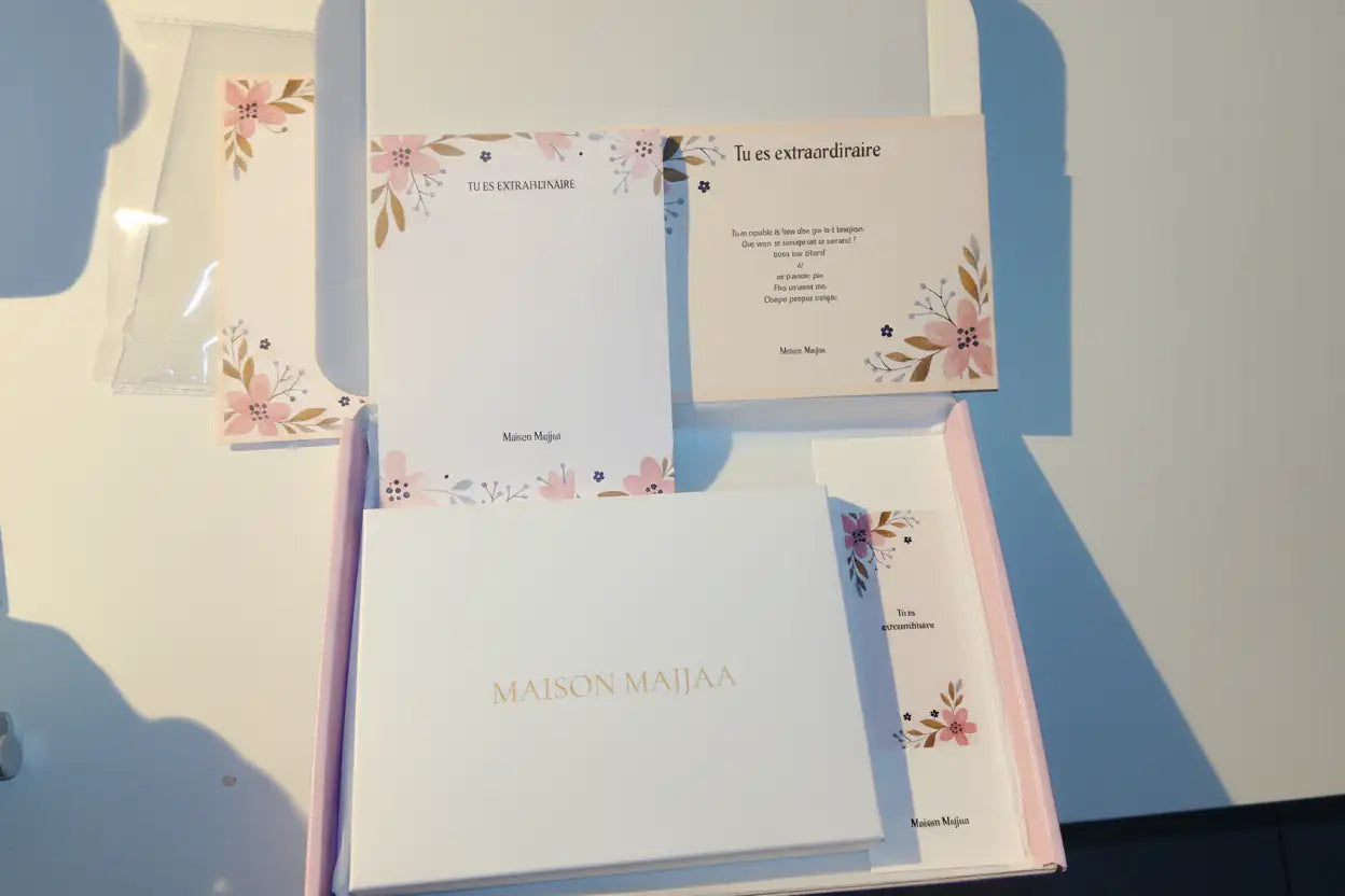 Cadeau personnalisé femme – kit papeterie floral pochette beige – livraison France Maison Majjaa