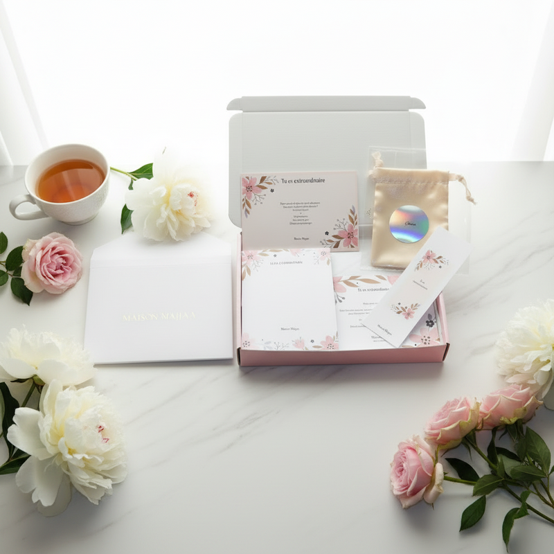 Kit papeterie personnalisé complet – pochette beige sticker argenté prénom – Maison Majjaa