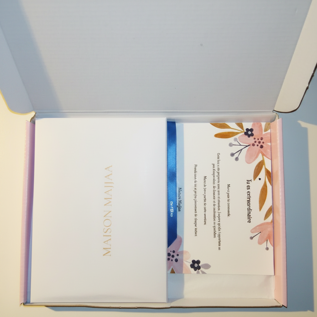 Kit papeterie pochette satin beige bloc-note floral – idee cadeau personnalise femme – Maison Majjaa