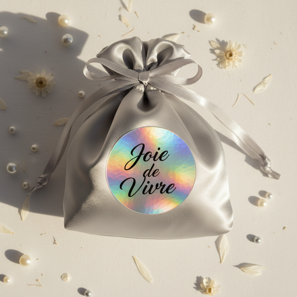 Pochette satin grise sticker argenté holographique flat lay lifestyle