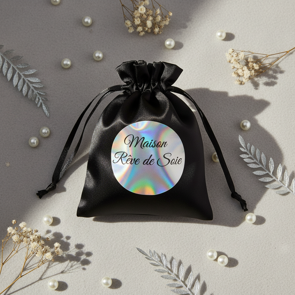 Pochette satin noir sticker argenté holographique flat lay lifestyle