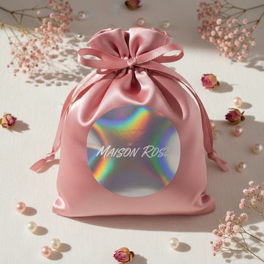 Pochette satin rose sticker argenté holographique flat lay lifestyle
