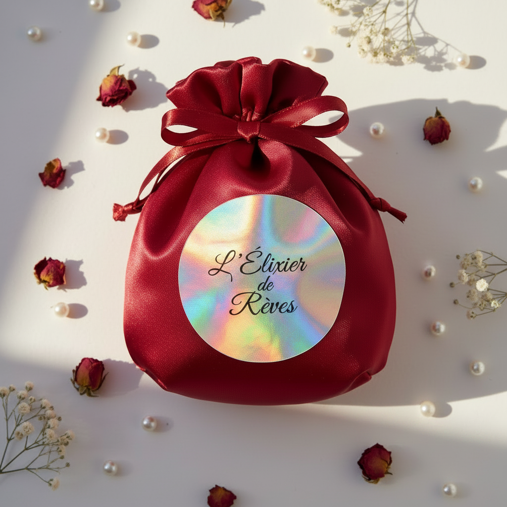 Pochette satin rouge sticker argenté holographique texte seul flat lay