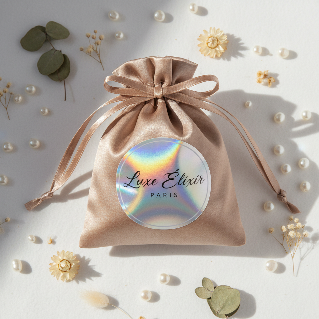 Pochette satin taupe sticker argenté holographique flat lay lifestyle