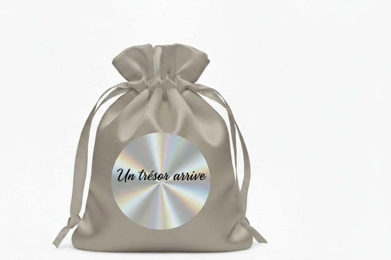 Mini Pochette Satin Taupe – "Un trésor arrive" | Autocollant Argenté Holographique | Maison Majjä