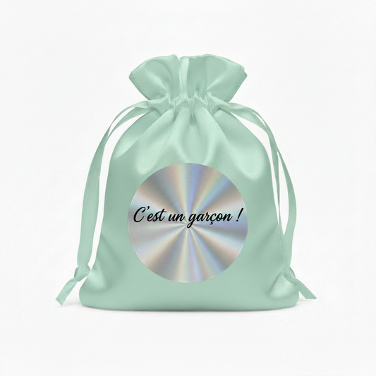 Mini Pochette Satin Vert Menthe – "C'est un garçon !" | Autocollant Argenté Holographique | Maison Majjä