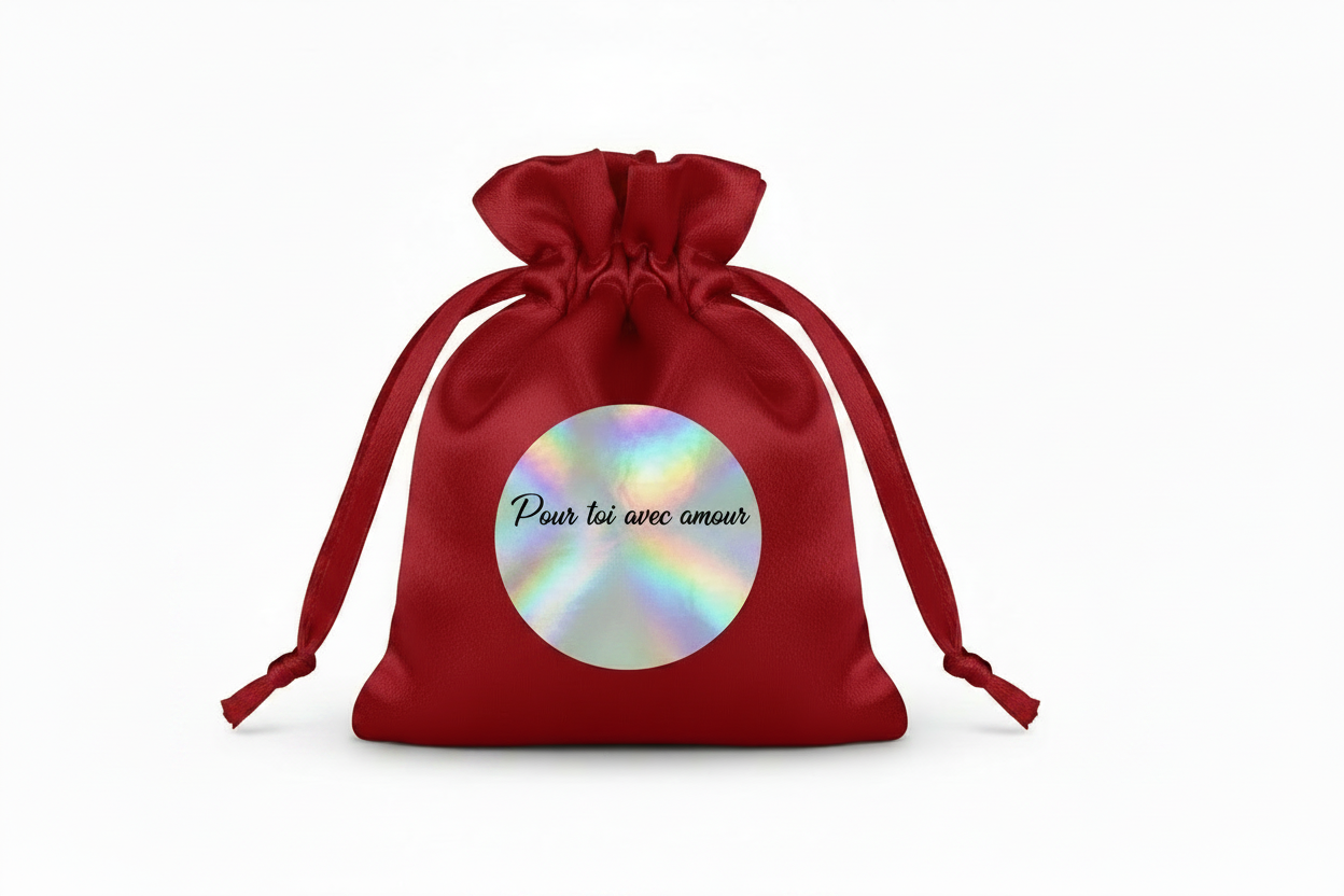 Mini Pochette Satin Rouge – "Pour toi avec amour" | Autocollant Argenté Holographique | Maison Majjä