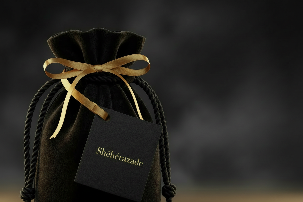 Étiquette dorée sur pochette velours avec ruban